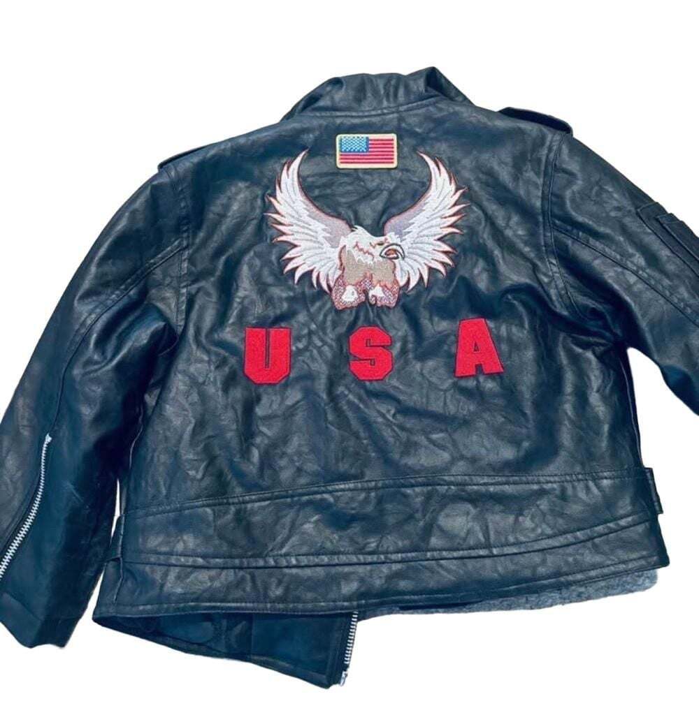 Outdoor Habitat Kids Black Faux Leather Motorcycle USA Biker Jacket Sz 6T